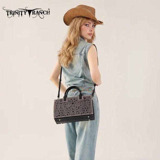 TR214-8802BK - Trinity Ranch Floral Tooled Leather Western Satchel Tote Bag - Black