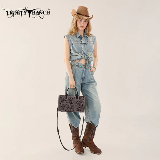 Load image into Gallery viewer, TR214-8802BK - Trinity Ranch Floral Tooled Leather Western Satchel Tote Bag - Black
