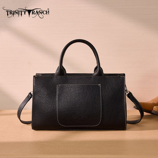 TR214-8802BK - Trinity Ranch Floral Tooled Leather Western Satchel Tote Bag - Black