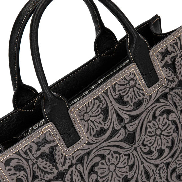 Load image into Gallery viewer, TR214-8802BK - Trinity Ranch Floral Tooled Leather Western Satchel Tote Bag - Black
