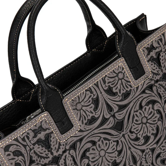 TR214-8802BK - Trinity Ranch Floral Tooled Leather Western Satchel Tote Bag - Black