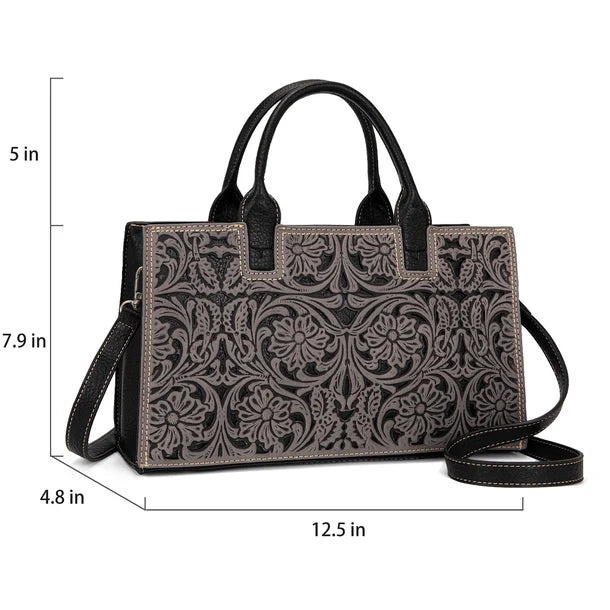 Load image into Gallery viewer, TR214-8802BK - Trinity Ranch Floral Tooled Leather Western Satchel Tote Bag - Black
