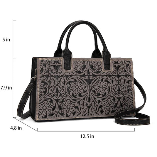 TR214-8802BK - Trinity Ranch Floral Tooled Leather Western Satchel Tote Bag - Black