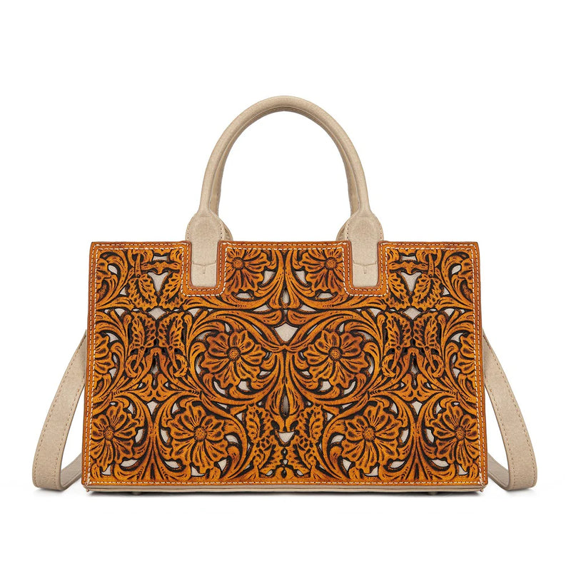 Load image into Gallery viewer, TR214-8802BR - Trinity Ranch Floral Tooled Leather Western Satchel Tote Bag - Brown
