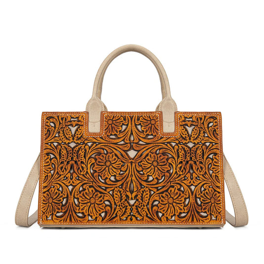 TR214-8802BR - Trinity Ranch Floral Tooled Leather Western Satchel Tote Bag - Brown