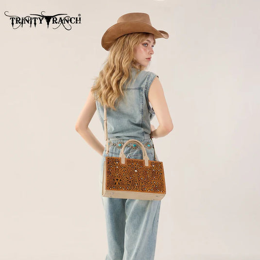 TR214-8802BR - Trinity Ranch Floral Tooled Leather Western Satchel Tote Bag - Brown