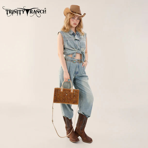 Load image into Gallery viewer, TR214-8802BR - Trinity Ranch Floral Tooled Leather Western Satchel Tote Bag - Brown
