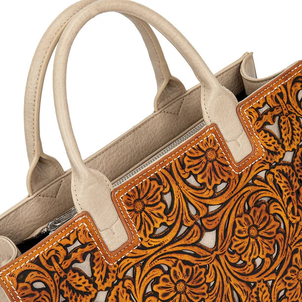 Load image into Gallery viewer, TR214-8802BR - Trinity Ranch Floral Tooled Leather Western Satchel Tote Bag - Brown
