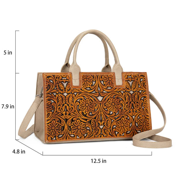 Load image into Gallery viewer, TR214-8802BR - Trinity Ranch Floral Tooled Leather Western Satchel Tote Bag - Brown
