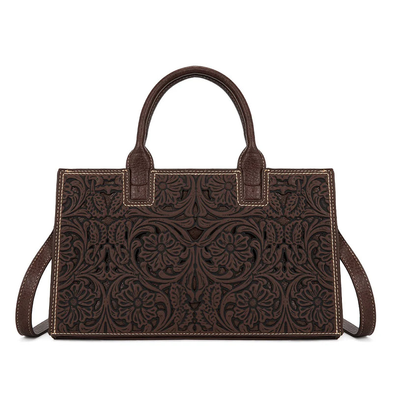 Load image into Gallery viewer, TR214-8802CF - Trinity Ranch Floral Tooled Leather Western Satchel Tote Bag - Coffee
