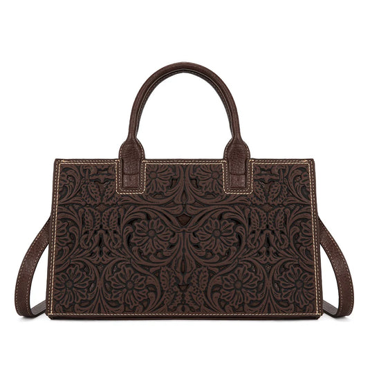TR214-8802CF - Trinity Ranch Floral Tooled Leather Western Satchel Tote Bag - Coffee