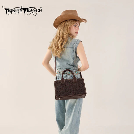 TR214-8802CF - Trinity Ranch Floral Tooled Leather Western Satchel Tote Bag - Coffee