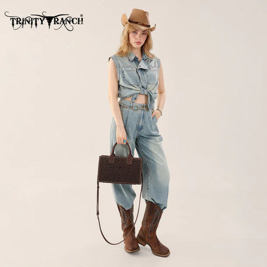 TR214-8802CF - Trinity Ranch Floral Tooled Leather Western Satchel Tote Bag - Coffee