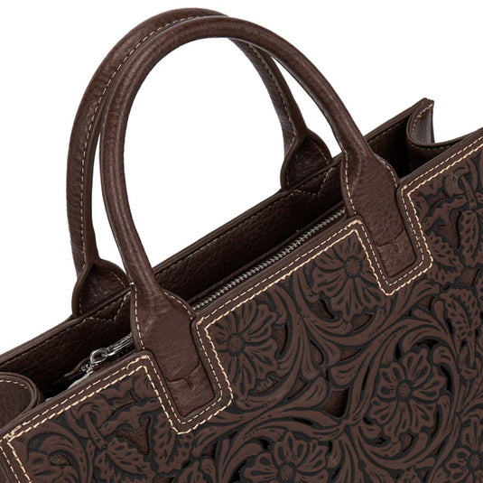 TR214-8802CF - Trinity Ranch Floral Tooled Leather Western Satchel Tote Bag - Coffee