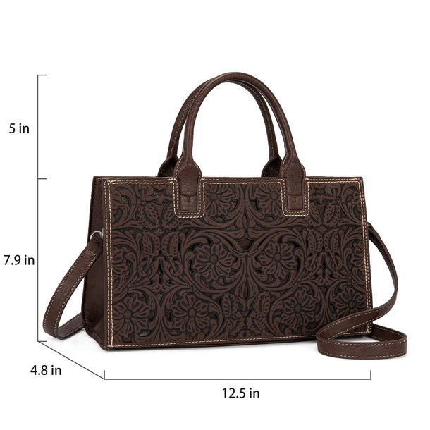 Load image into Gallery viewer, TR214-8802CF - Trinity Ranch Floral Tooled Leather Western Satchel Tote Bag - Coffee
