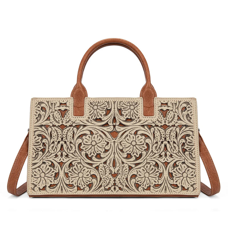 Load image into Gallery viewer, TR214-8802TN - Trinity Ranch Floral Tooled Leather Western Satchel Tote Bag - Tan
