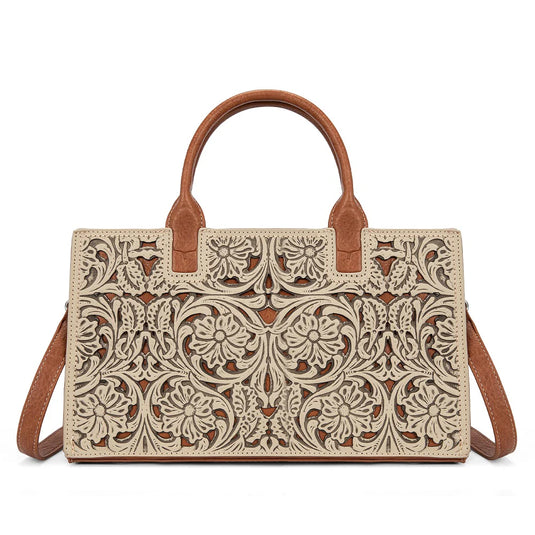 TR214-8802TN - Trinity Ranch Floral Tooled Leather Western Satchel Tote Bag - Tan