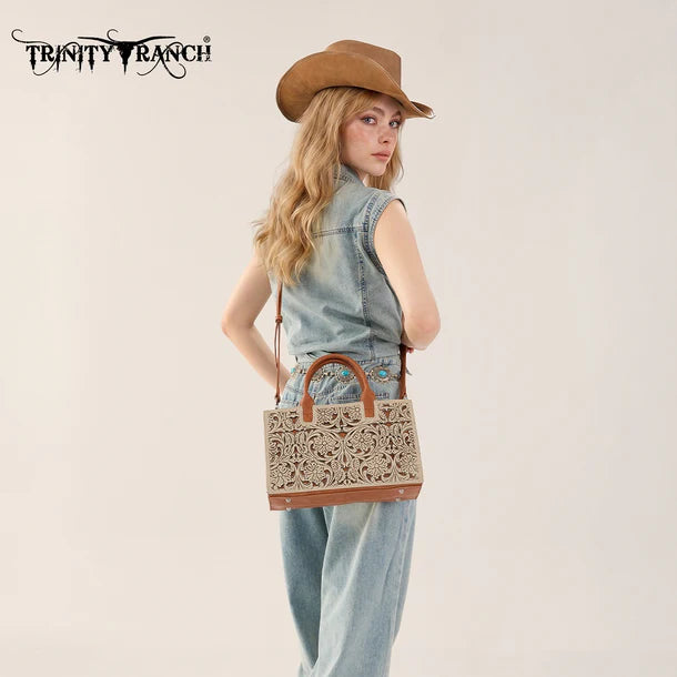 Load image into Gallery viewer, TR214-8802TN - Trinity Ranch Floral Tooled Leather Western Satchel Tote Bag - Tan
