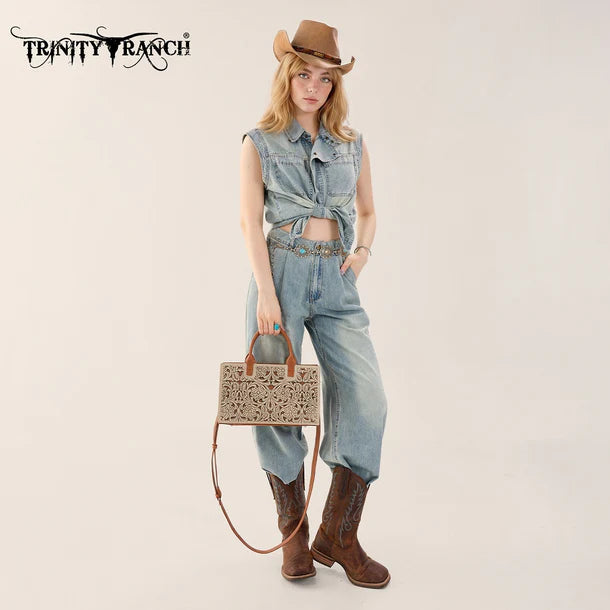 Load image into Gallery viewer, TR214-8802TN - Trinity Ranch Floral Tooled Leather Western Satchel Tote Bag - Tan

