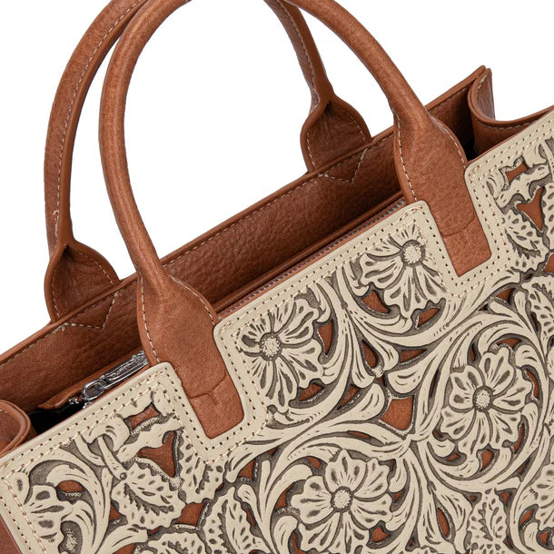 Load image into Gallery viewer, TR214-8802TN - Trinity Ranch Floral Tooled Leather Western Satchel Tote Bag - Tan
