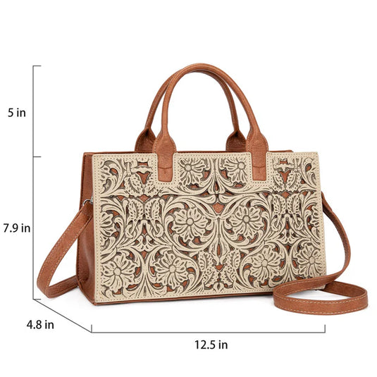 TR214-8802TN - Trinity Ranch Floral Tooled Leather Western Satchel Tote Bag - Tan