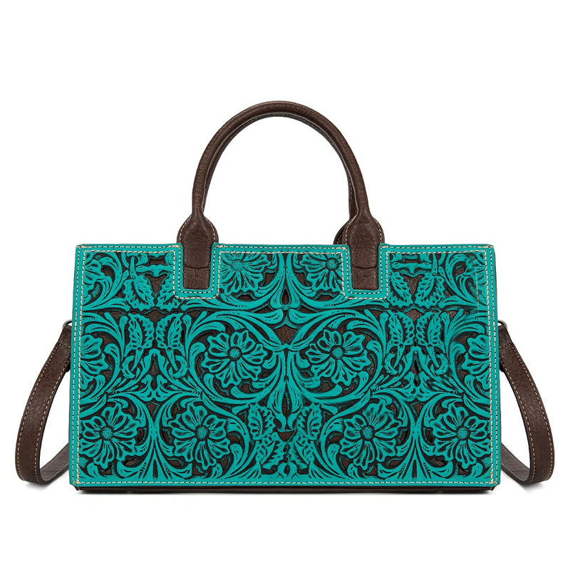 Load image into Gallery viewer, TR214-8802TQ - Trinity Ranch Floral Tooled Leather Western Satchel Tote Bag - Turquoise
