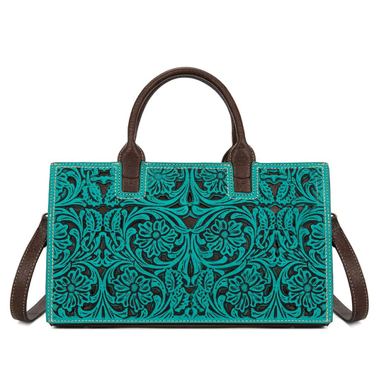 TR214-8802TQ - Trinity Ranch Floral Tooled Leather Western Satchel Tote Bag - Turquoise