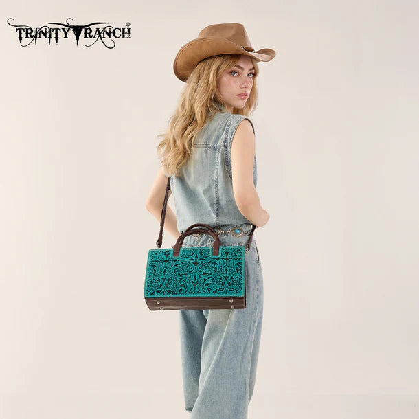 Load image into Gallery viewer, TR214-8802TQ - Trinity Ranch Floral Tooled Leather Western Satchel Tote Bag - Turquoise

