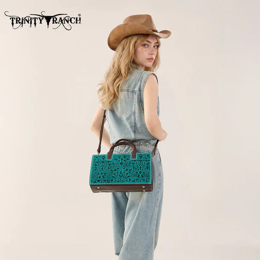 TR214-8802TQ - Trinity Ranch Floral Tooled Leather Western Satchel Tote Bag - Turquoise