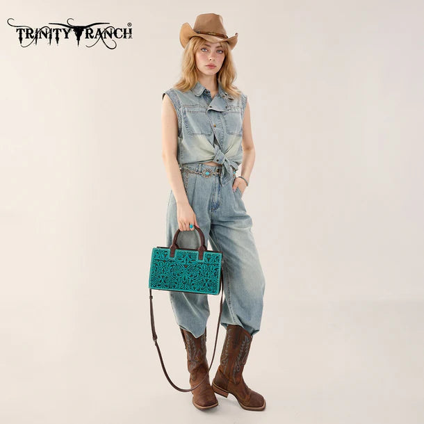 Load image into Gallery viewer, TR214-8802TQ - Trinity Ranch Floral Tooled Leather Western Satchel Tote Bag - Turquoise
