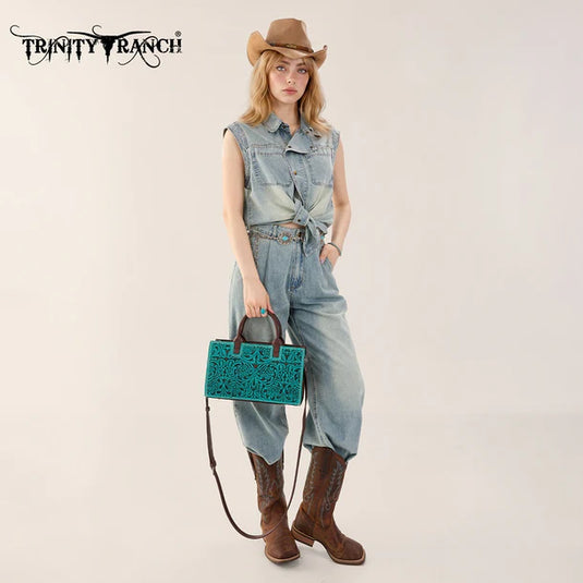 TR214-8802TQ - Trinity Ranch Floral Tooled Leather Western Satchel Tote Bag - Turquoise