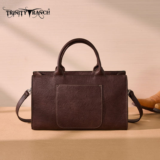 TR214-8802TQ - Trinity Ranch Floral Tooled Leather Western Satchel Tote Bag - Turquoise