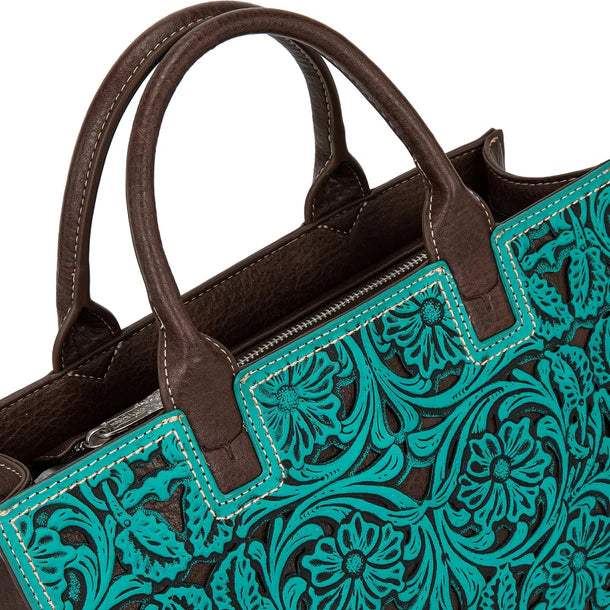 Load image into Gallery viewer, TR214-8802TQ - Trinity Ranch Floral Tooled Leather Western Satchel Tote Bag - Turquoise

