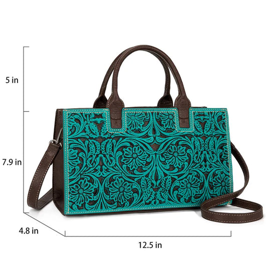 TR214-8802TQ - Trinity Ranch Floral Tooled Leather Western Satchel Tote Bag - Turquoise