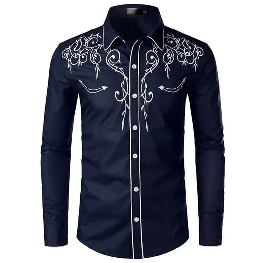 NIHMEN 4 - Men's Blue Embroidered Western Shirt