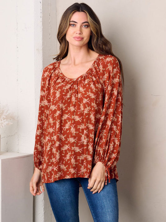 WFT 11 - WOMEN'S RUST LONG SLEEVE TUNIC FLORAL TOP