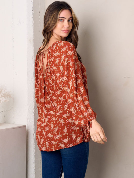 WFT 11 - WOMEN'S RUST LONG SLEEVE TUNIC FLORAL TOP