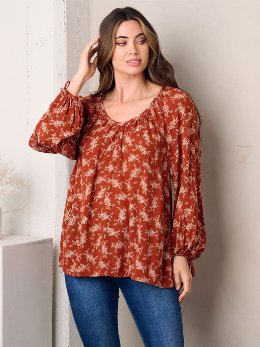 WFT 11 - WOMEN'S RUST LONG SLEEVE TUNIC FLORAL TOP