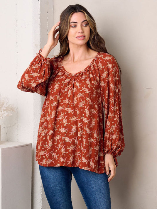 WFT 11 - WOMEN'S RUST LONG SLEEVE TUNIC FLORAL TOP