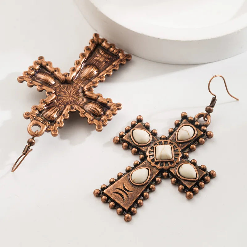 Load image into Gallery viewer, NIHER148 - Vintage Copper Cross Drop Earrings W/ White Multi Stones
