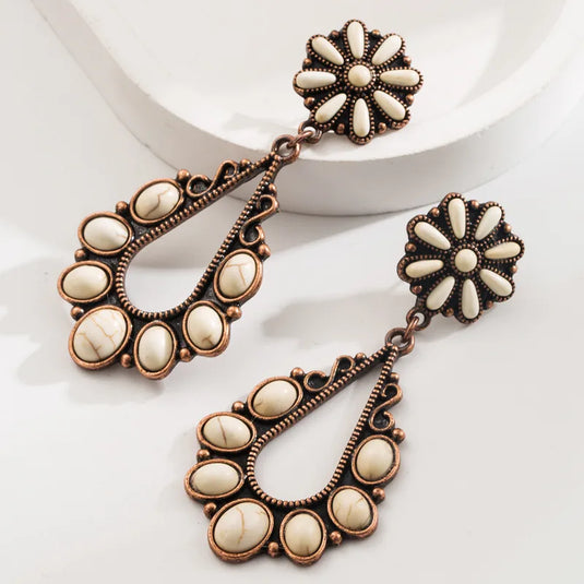 NIHER151 - Vintage Copper Water Drop Earrings W/ White Multi Stones