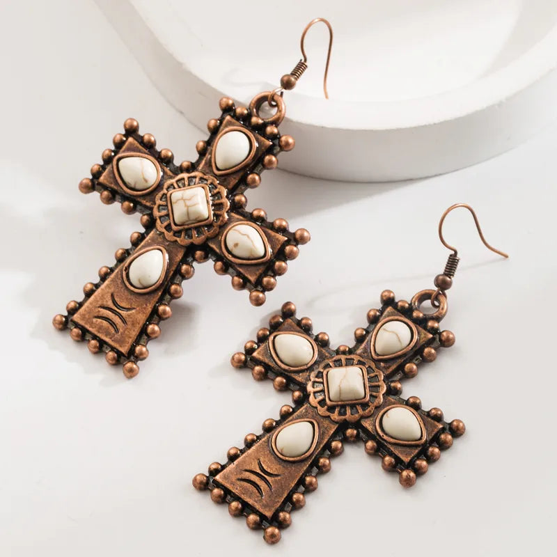 Load image into Gallery viewer, NIHER148 - Vintage Copper Cross Drop Earrings W/ White Multi Stones
