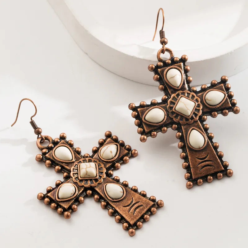 Load image into Gallery viewer, NIHER148 - Vintage Copper Cross Drop Earrings W/ White Multi Stones
