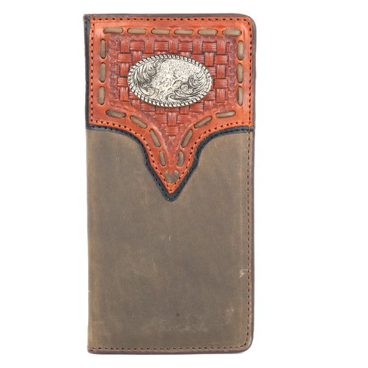 W142 - RockinLeather Brown Cowhide Rodeo Wallet with Bullrider Concho on Basket Weave Overlay