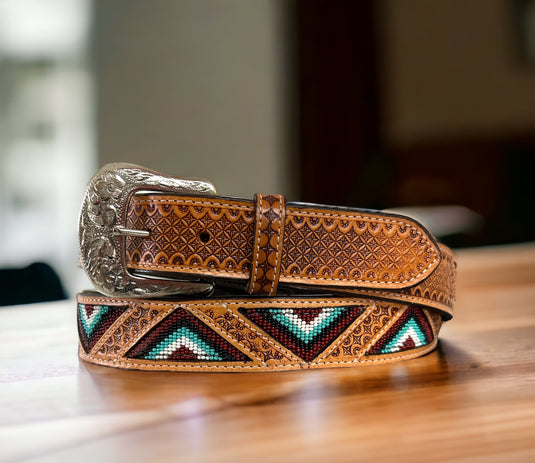 WB-09H - Ranger Belt Co. Tooled Leather Beaded Belt
