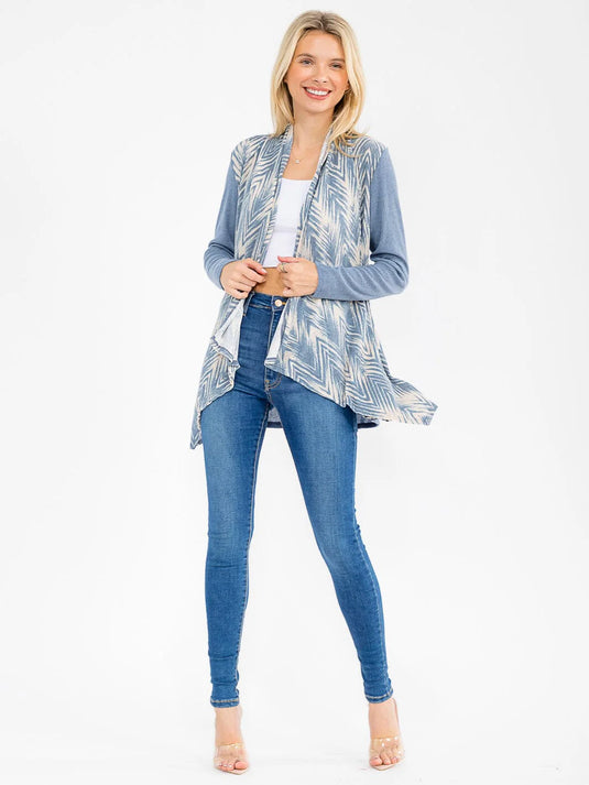 WFT 35 - WOMEN'S LONG SLEEVE OPEN FRONT RIBBED PRINTED CARDIGAN