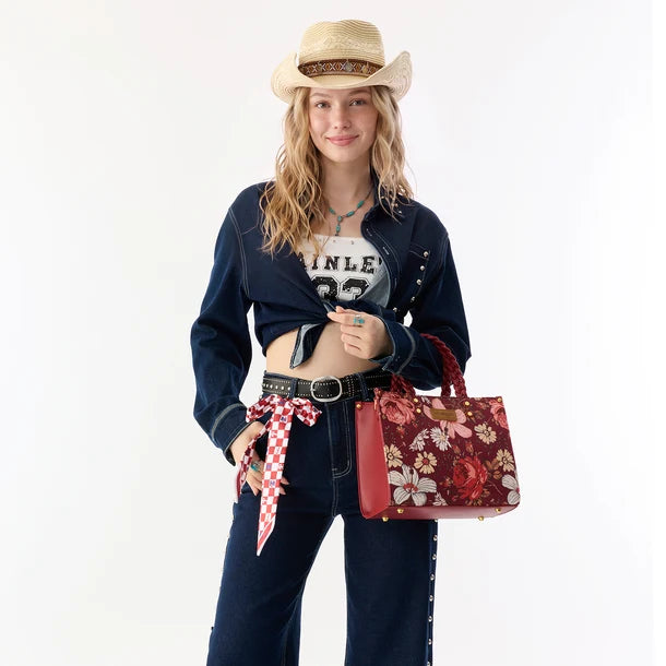 Load image into Gallery viewer, WG-HB-438-8120-BDY - Wrangler Floral Print Braided Tote Bag - Burgundy
