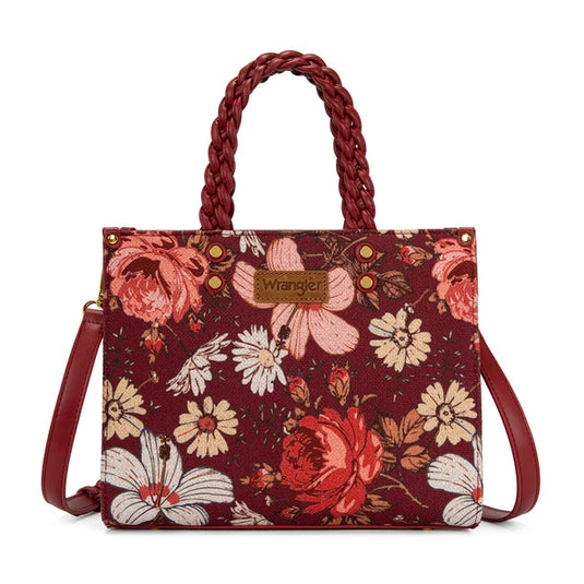 WG-HB-438-8120-BDY - Wrangler Floral Print Braided Tote Bag - Burgundy