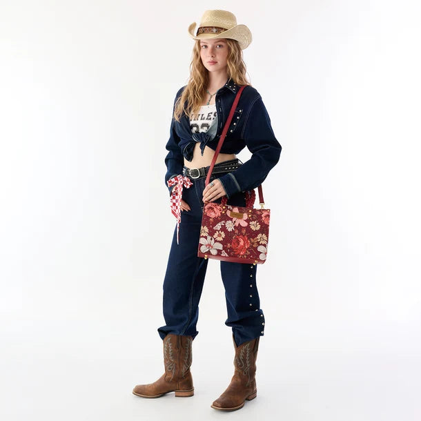 Load image into Gallery viewer, WG-HB-438-8120-BDY - Wrangler Floral Print Braided Tote Bag - Burgundy
