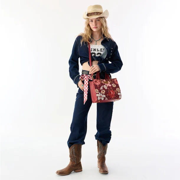 Load image into Gallery viewer, WG-HB-438-8120-BDY - Wrangler Floral Print Braided Tote Bag - Burgundy
